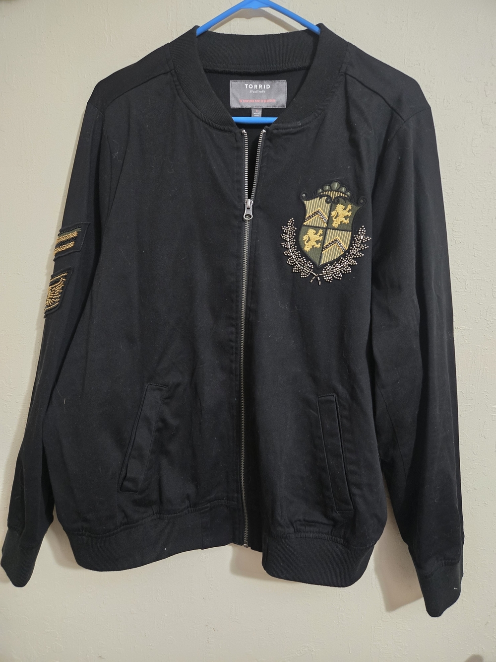 torrid Black Bomber Jacket with Gold Crest Embroidery